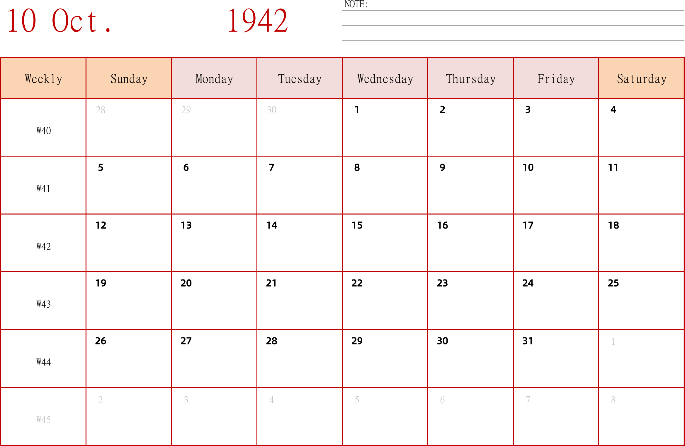 日历表1942年日历 英文版 横向排版 周日开始 带周数